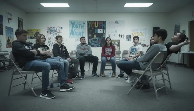 Unimpressed teenagers sitting in a circle of folding chairs in a church youth room, arms crossed, one balancing on two legs