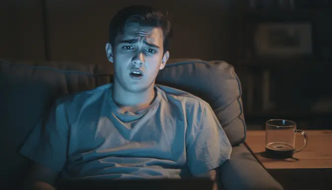 Young man on a couch in a dim living room illuminated by blue device glow, looking confused and offended