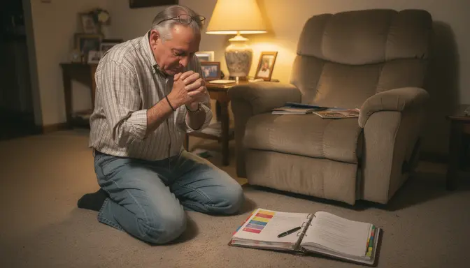 Older man kneeling beside a recliner in prayer, thick binder open on the floor beside him