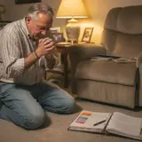Older man kneeling beside a recliner in prayer, thick binder open on the floor beside him