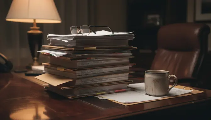 Towering stack of thick printed documents and manila folders on a mahogany desk, reading glasses perched on top