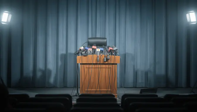 Empty press conference podium with clustered microphones, vacant chair, bright camera lights, and no speaker present