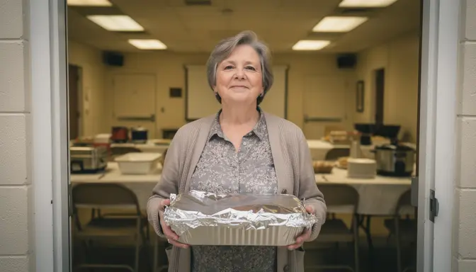 Woman in her sixties standing proudly in a church fellowship hall doorway holding a foil-covered casserole dish