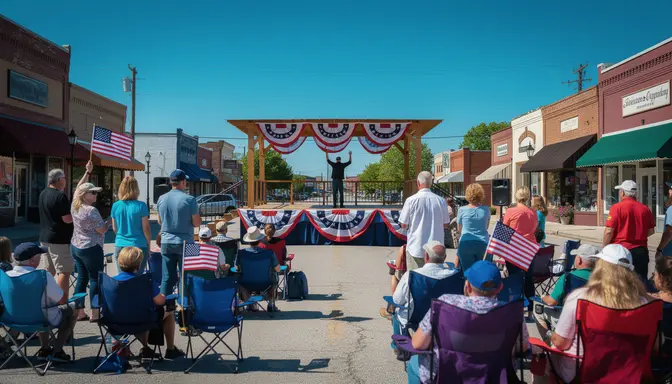 Small-town outdoor political rally with red-white-and-blue bunting, lawn chairs, and a distant speaker silhouetted on stage