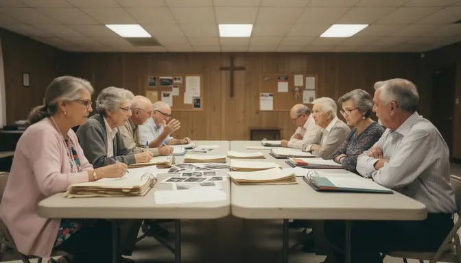 Church committee members seated at a table covered in old documents and binders in a wood-paneled fellowship hall