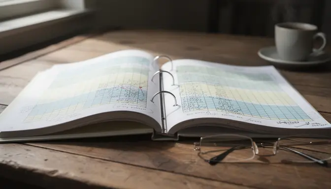 Open color-coded attendance binder with pencil marks on a wooden table near a window