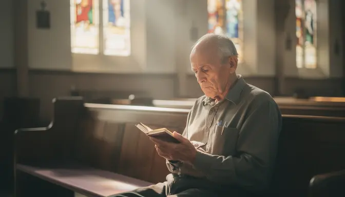 Elderly man reviewing a small notebook alone in a sunlit church pew