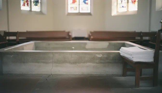 Empty drained baptismal tank in a dimly lit church sanctuary with stained glass light