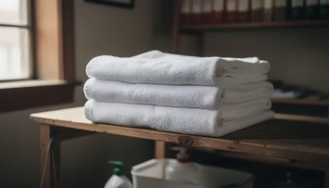 Stack of neatly folded white towels on a wooden shelf in a quiet church storage room
