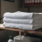 Stack of neatly folded white towels on a wooden shelf in a quiet church storage room