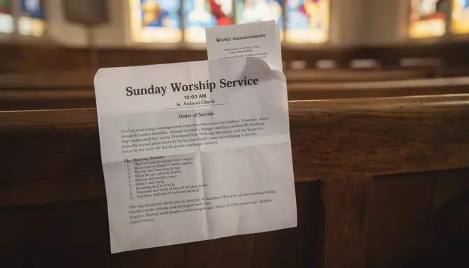 A slightly crumpled church bulletin resting on a wooden pew with warm stained glass light