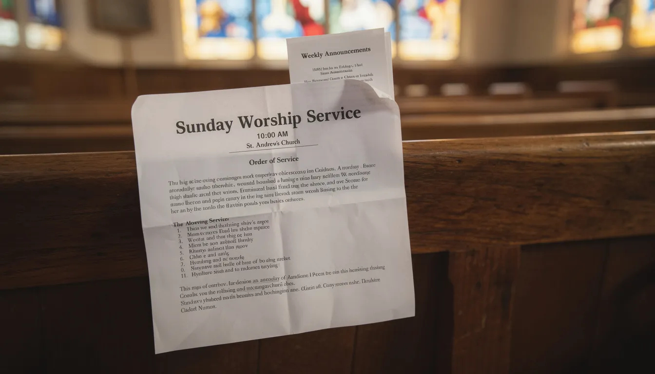 A slightly crumpled church bulletin resting on a wooden pew with warm stained glass light