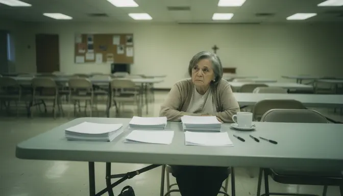 Older woman folding papers alone at a long table in a quiet church fellowship hall