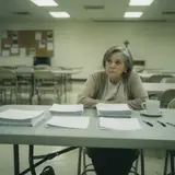 Older woman folding papers alone at a long table in a quiet church fellowship hall