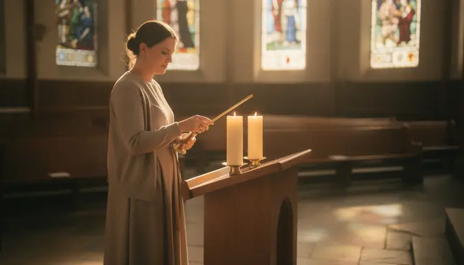 Woman standing alone at church altar lighting tall pillar candles before Sunday service