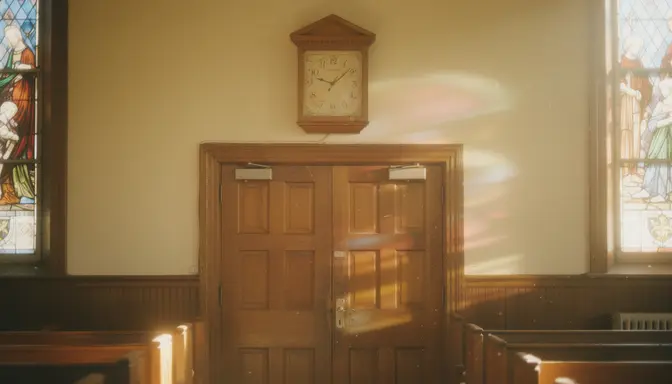 Vintage wooden church clock frozen on the wall above sanctuary doors with stained glass light