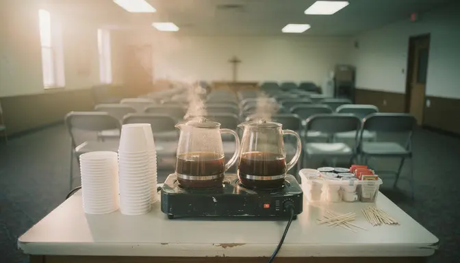 A church fellowship hall coffee station with glass carafes and stacked foam cups in early morning light