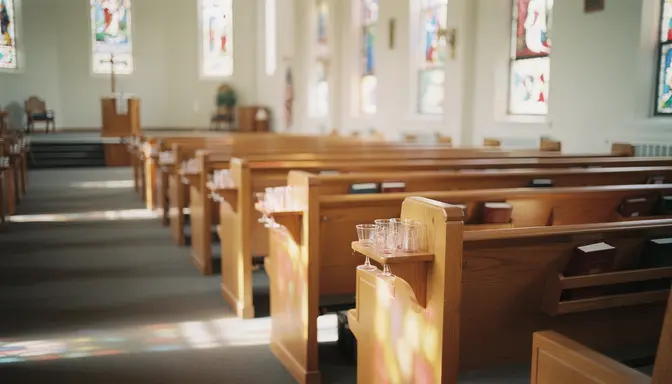 Empty church pews with rows of small clear communion cups remaining in the cup holders after service