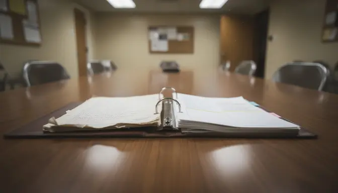 Dusty open binder on a church conference table surrounded by empty folding chairs