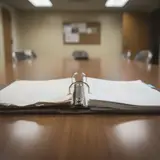 Dusty open binder on a church conference table surrounded by empty folding chairs