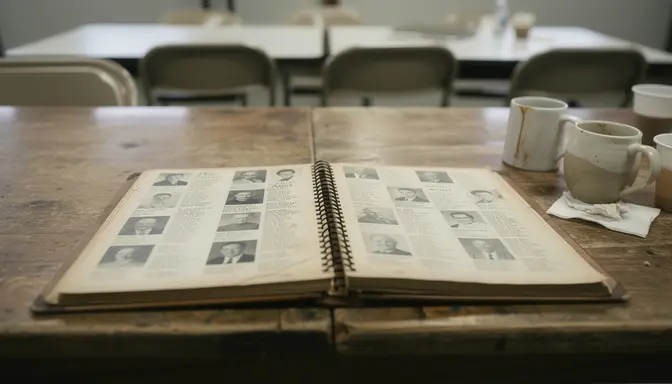 Worn, yellowed church directory lying open on a fellowship hall table under fluorescent lights