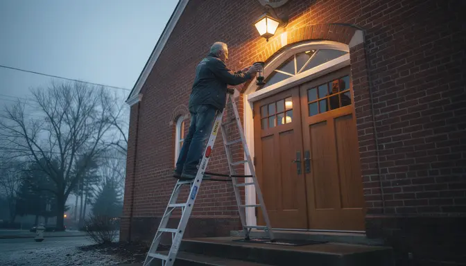 Older man on aluminum ladder replacing exterior light fixture on brick church at dusk