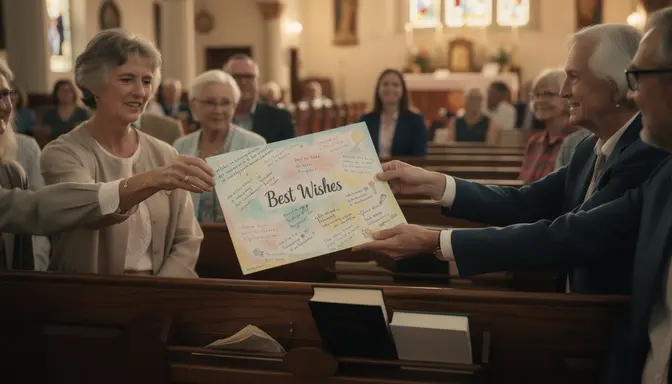 Greeting card passed along a sunlit church pew during Sunday morning service