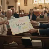 Greeting card passed along a sunlit church pew during Sunday morning service