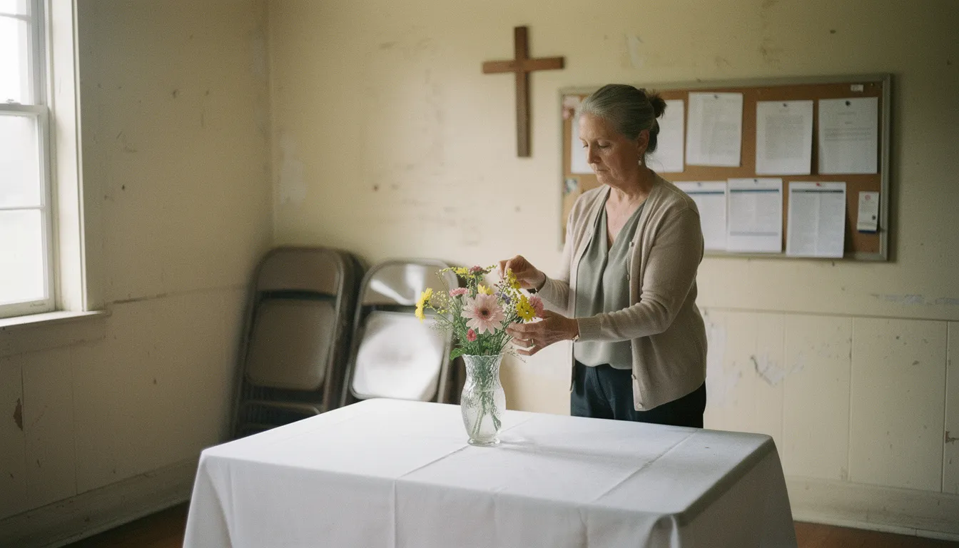 Woman quietly arranging flowers on a table in an empty church fellowship hall