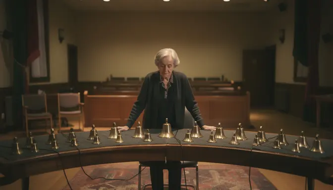 Elderly woman standing alone behind a full set of handbells in an empty church sanctuary