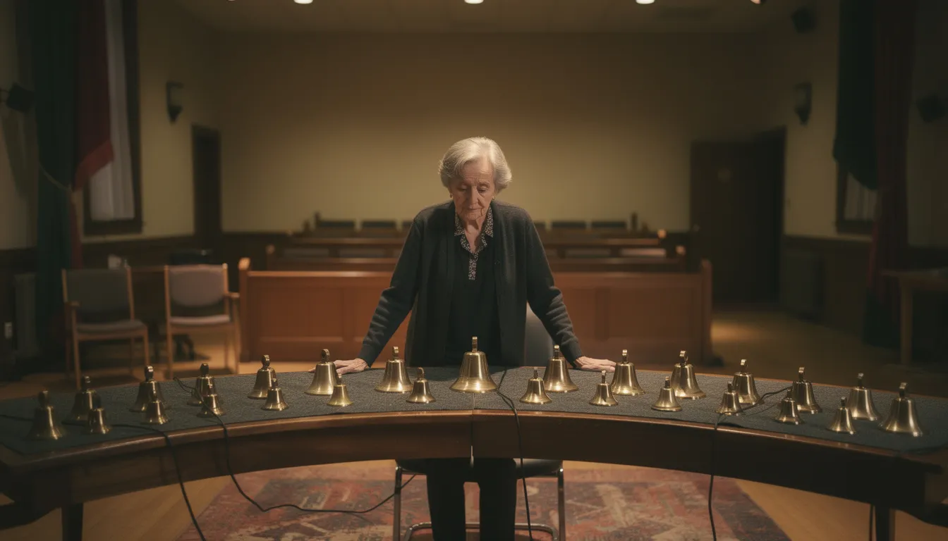 Elderly woman standing alone behind a full set of handbells in an empty church sanctuary