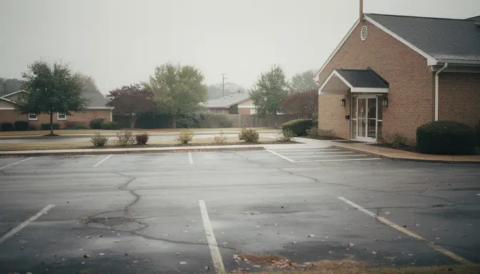 Empty unmarked parking spaces near a brick church entrance on a quiet Sunday morning
