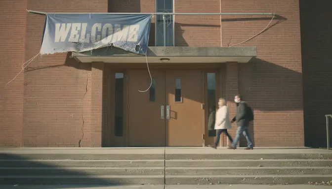 Torn church welcome banner above entrance doors with frayed edges and two visitors approaching