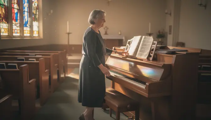 Older woman standing beside an upright piano in a sunlit church sanctuary with sheet music open