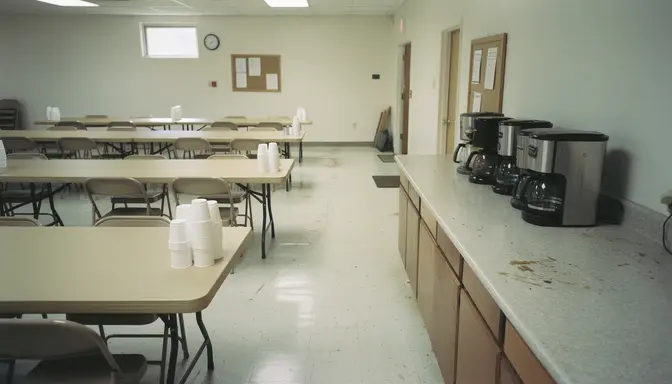 Empty church fellowship hall kitchen with commercial coffee maker on a worn laminate countertop
