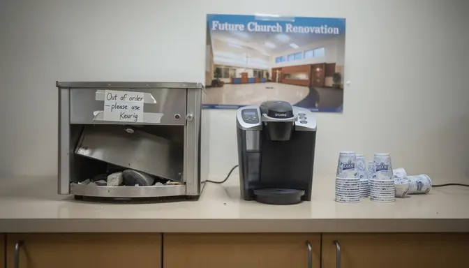 Broken coffee maker on a church counter beside a Keurig, glossy building campaign poster blurred on the wall behind