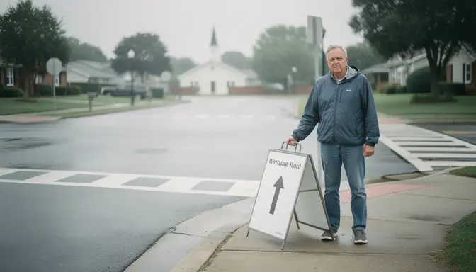 Man standing alone at suburban intersection on Sunday morning holding a small directional arrow sign