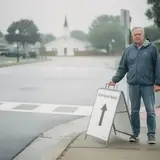 Man standing alone at suburban intersection on Sunday morning holding a small directional arrow sign