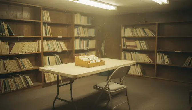 Dusty church library room with wooden shelves, aging paperbacks, and handwritten checkout cards on a folding table