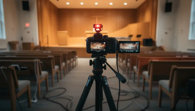 Church camera on a tripod with red tally light pointed at an empty sanctuary stage, small monitor showing the live feed