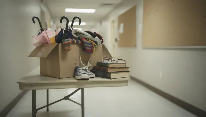 Overfilled church lost and found box on folding table in quiet hallway