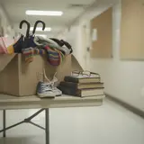 Overfilled church lost and found box on folding table in quiet hallway