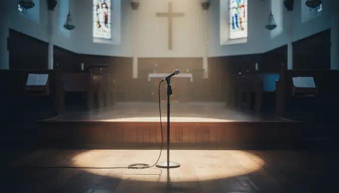 Empty church sanctuary stage with a single microphone stand under warm morning light