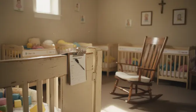 Warm church nursery room with soft toys, cribs, rocking chair, and a volunteer clipboard on the door