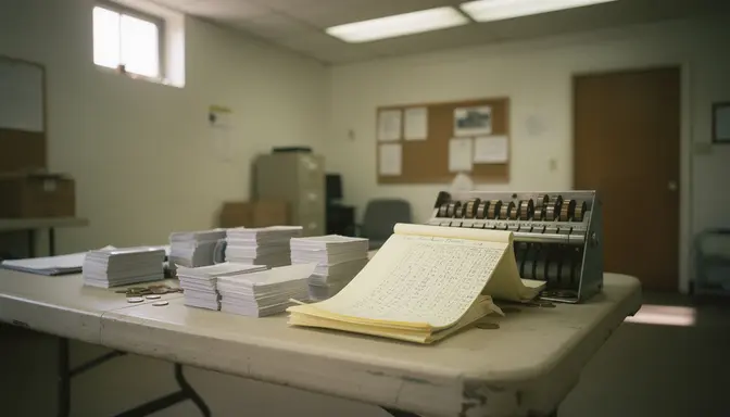 Empty church counting room with folding table, coin sorter, and handwritten ledger under fluorescent light