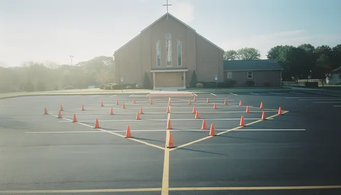 Empty church parking lot at sunrise with orange traffic cones arranged in a careful geometric pattern