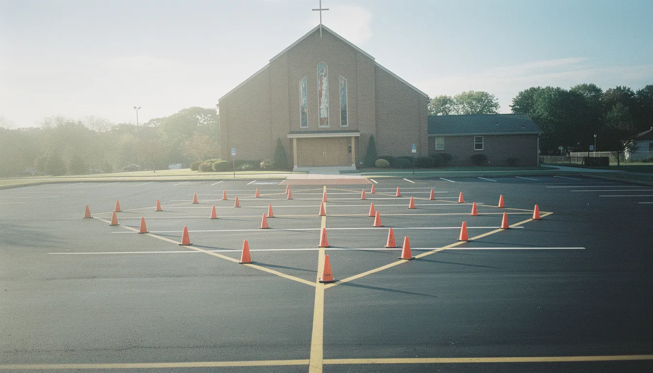 Empty church parking lot at sunrise with orange traffic cones arranged in a careful geometric pattern