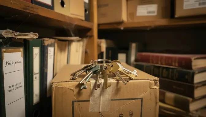 Old ring of unlabeled keys resting on a cardboard box inside a dim church storage closet