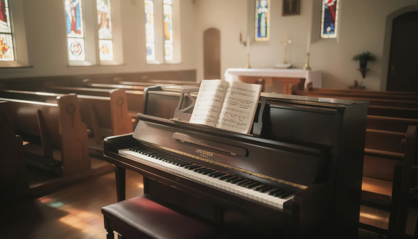 Upright piano in a quiet traditional church sanctuary with afternoon light through stained glass