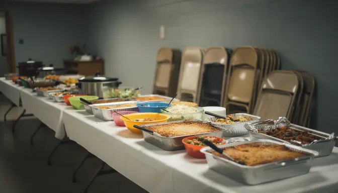Long church fellowship hall table lined with potluck dishes, one unlabeled dish at the end
